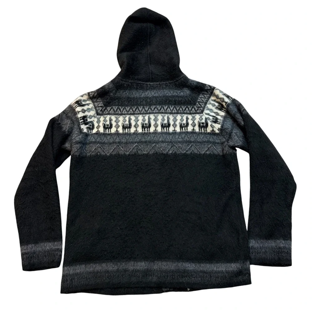 Aly Marka Llama Fair Isle Full Zip Hoodie Black Wool Blend Sweater Mens XL